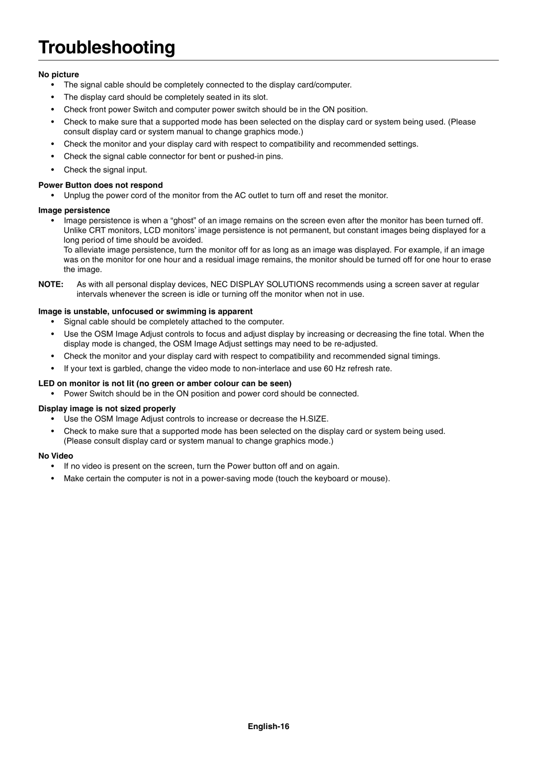 NEC LCD73V, LCD93V, LCD190V, LCD170V user manual Troubleshooting 