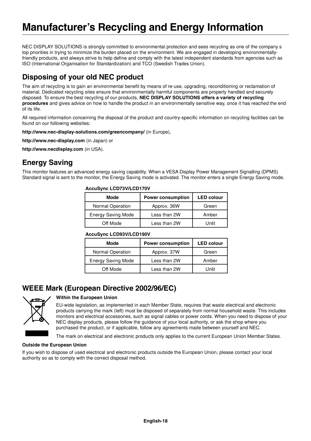 NEC LCD170V, LCD93V ManufacturerÕs Recycling and Energy Information, Disposing of your old NEC product, Energy Saving 