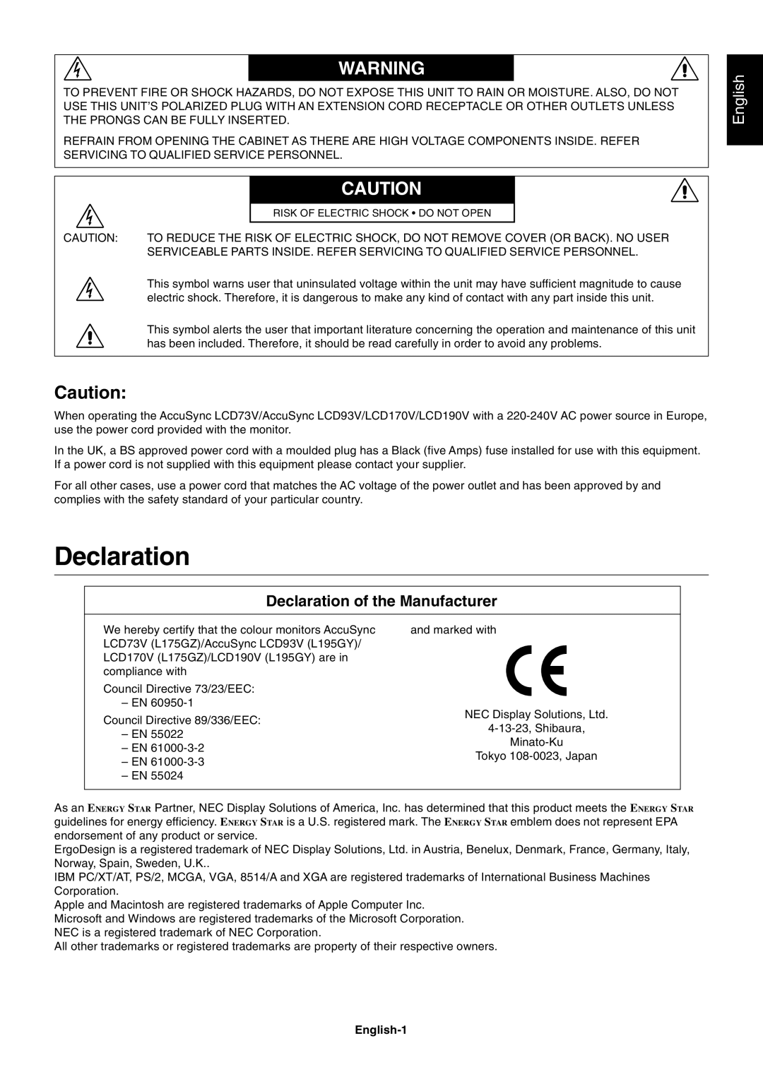 NEC LCD190V, LCD93V, LCD73V, LCD170V user manual Declaration, English-1 