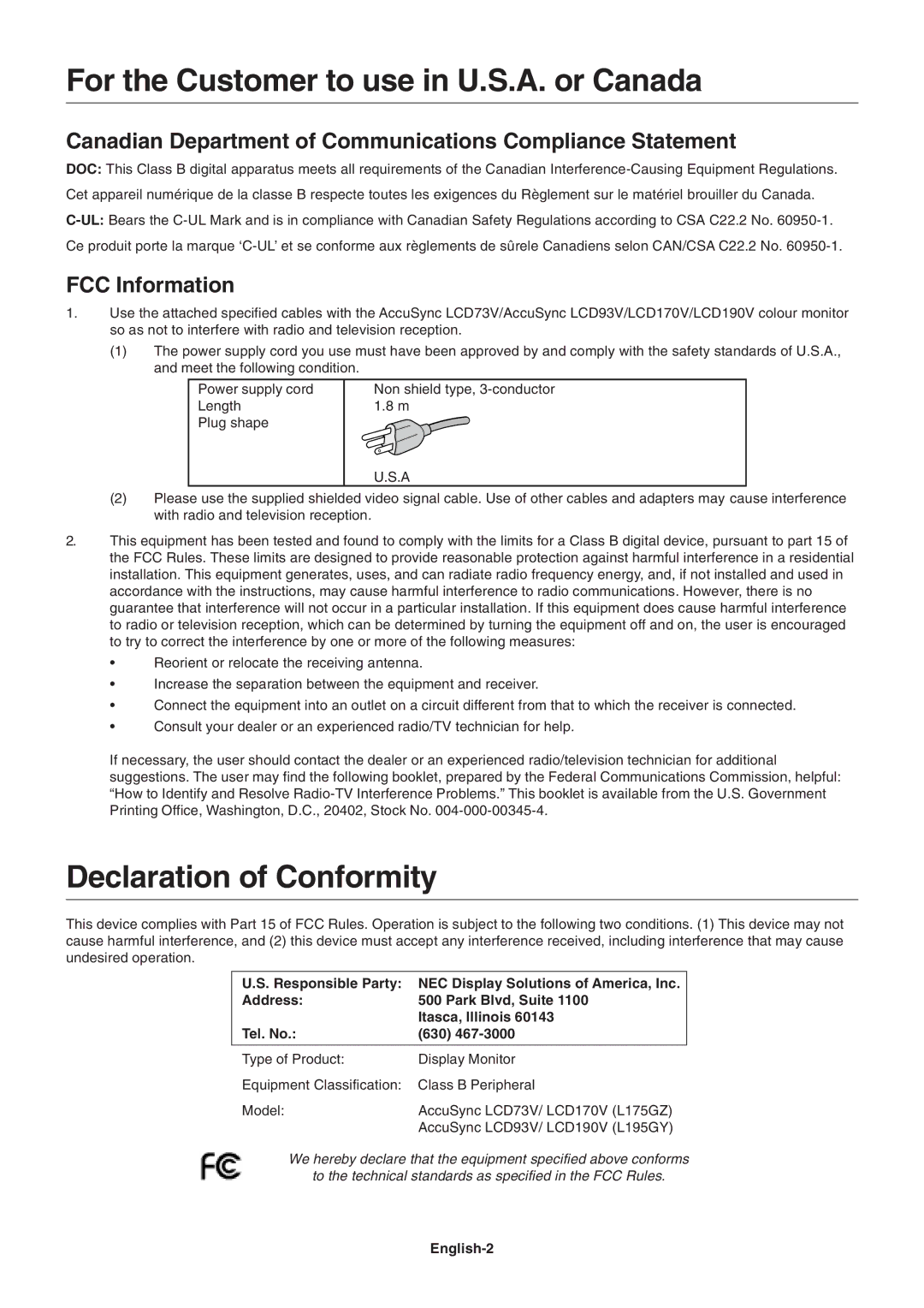 NEC LCD170V, LCD93V For the Customer to use in U.S.A. or Canada, Declaration of Conformity, FCC Information, English-2 