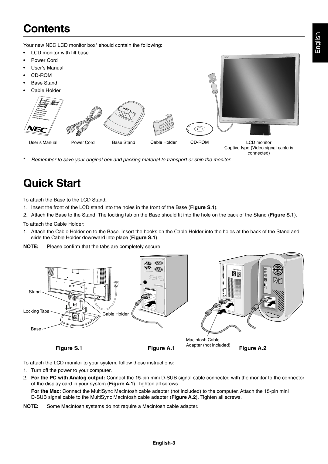 NEC LCD93V, LCD73V, LCD190V, LCD170V user manual Contents, Quick Start 