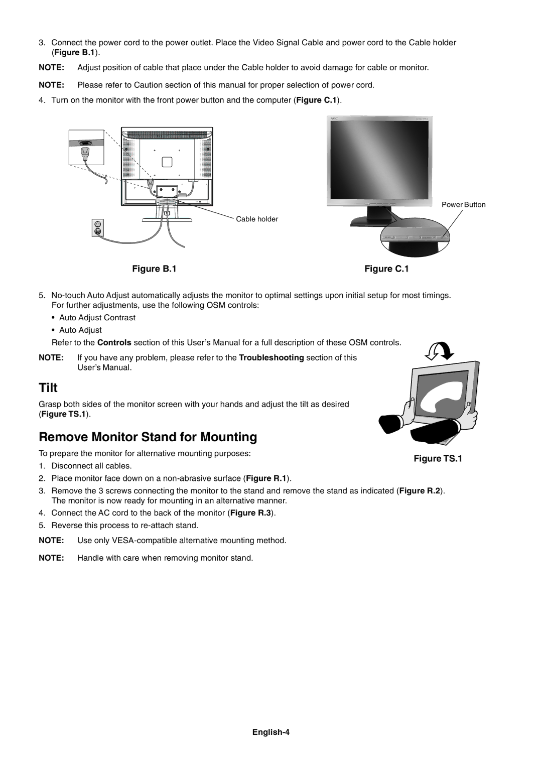 NEC LCD73V, LCD93V, LCD190V, LCD170V user manual Tilt, Remove Monitor Stand for Mounting, English-4 