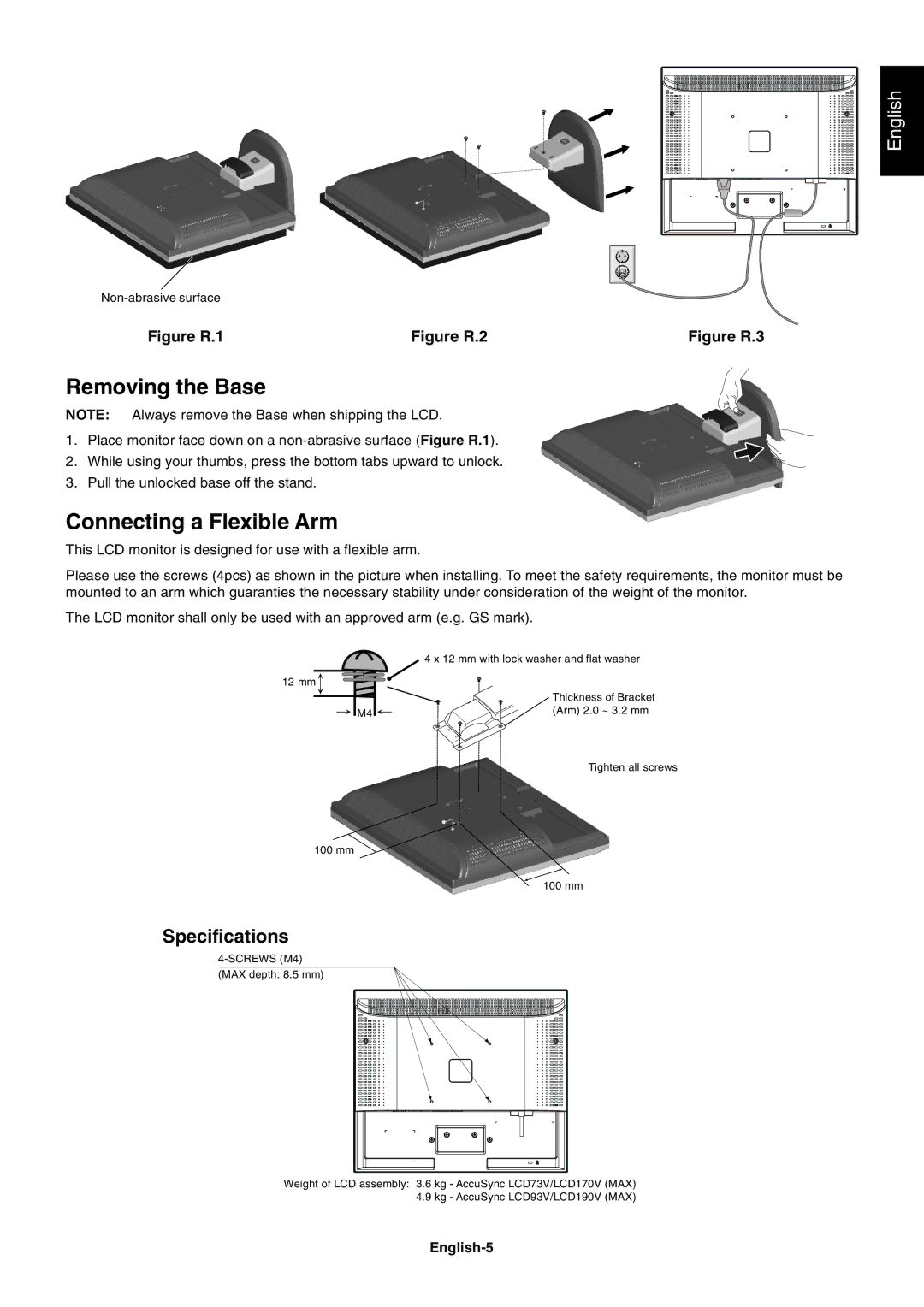 NEC LCD190V, LCD93V, LCD73V, LCD170V user manual Removing the Base, Connecting a Flexible Arm, English-5 