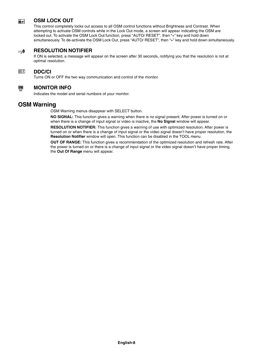 NEC LCD73V, LCD93V, LCD190V, LCD170V user manual OSM Warning, English-8 