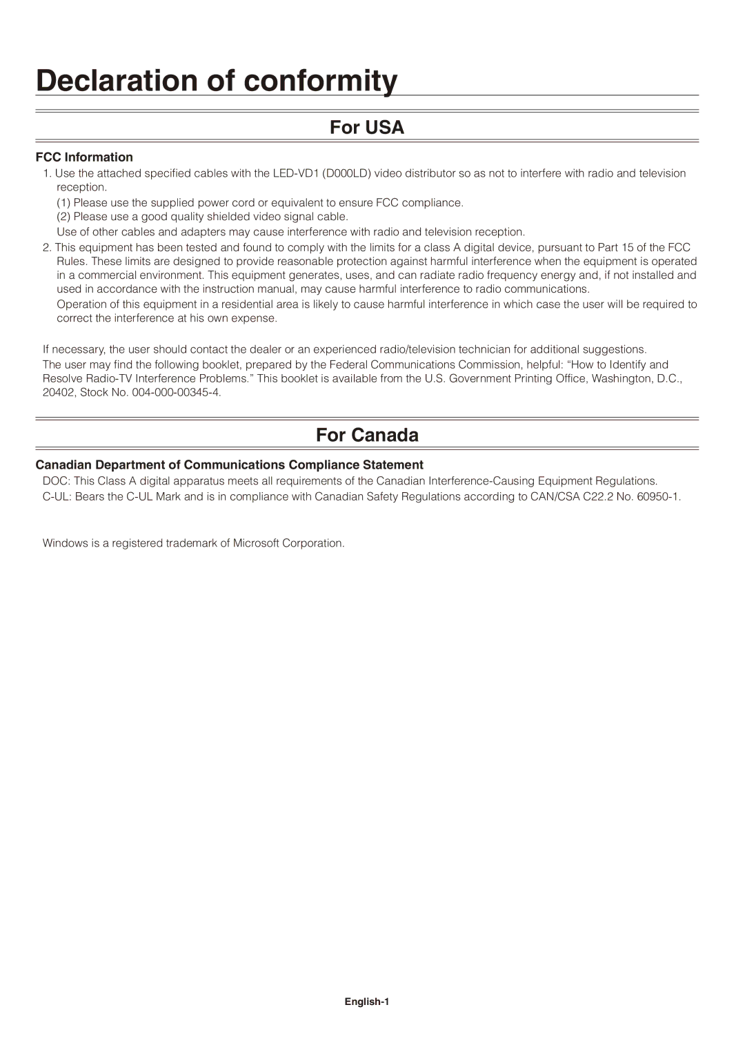 NEC LED-VD1 user manual Declaration of conformity, For USA, For Canada, FCC Information 