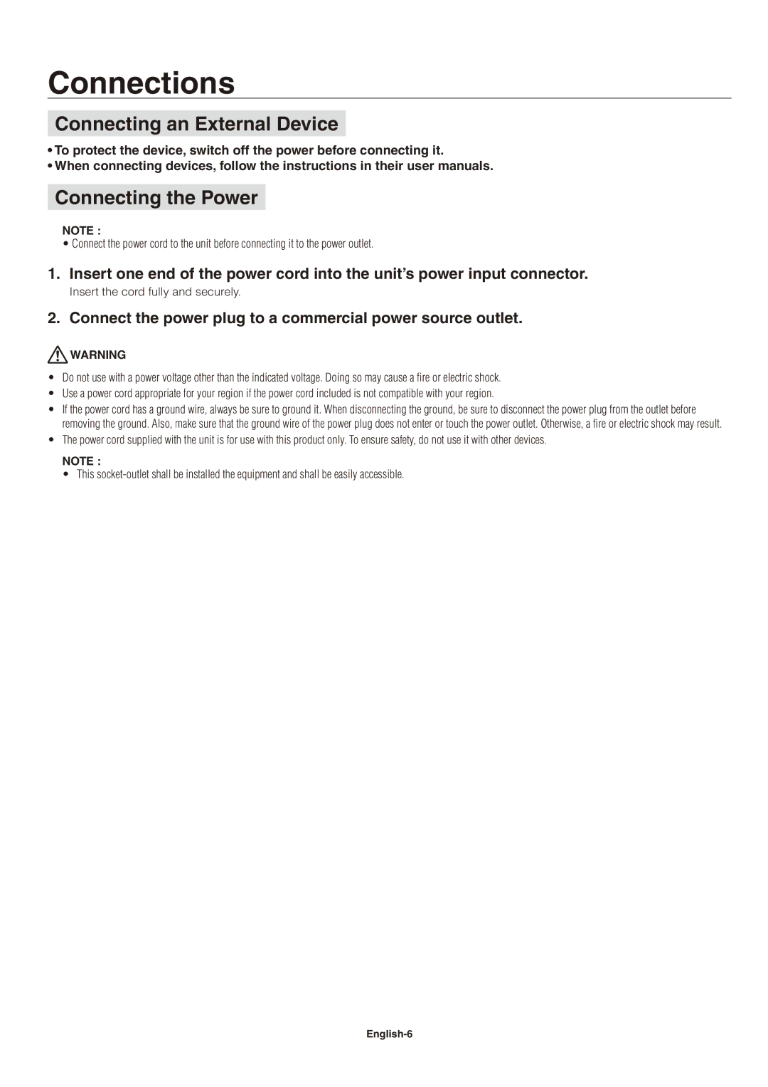 NEC LED-VD1 user manual Connections, Connecting an External Device, Connecting the Power 