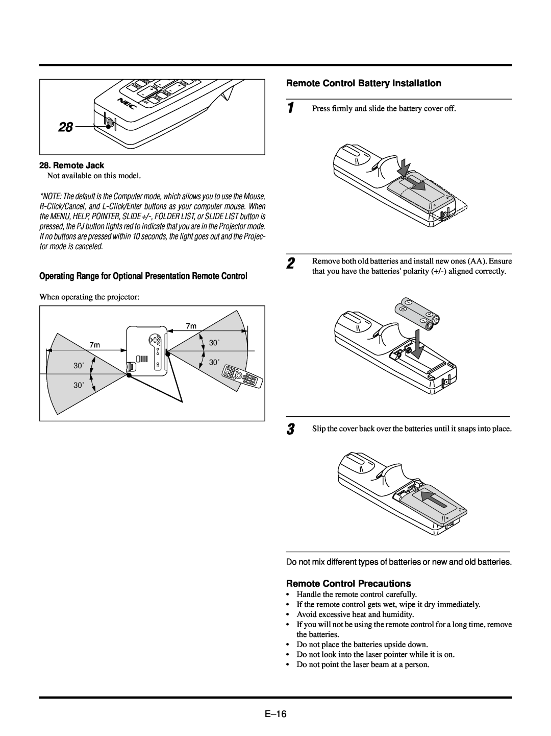 NEC LT150/LT85 user manual Remote Control Battery Installation, Remote Control Precautions, E–16, Remote Jack 