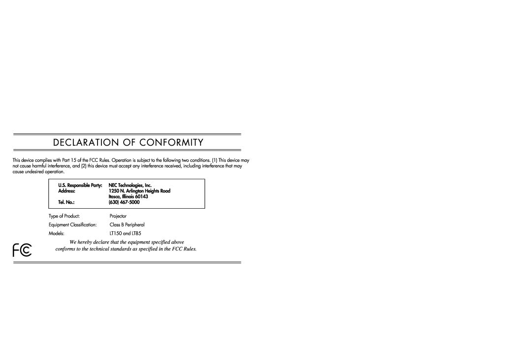 NEC LT150/LT85 user manual Declaration Of Conformity 
