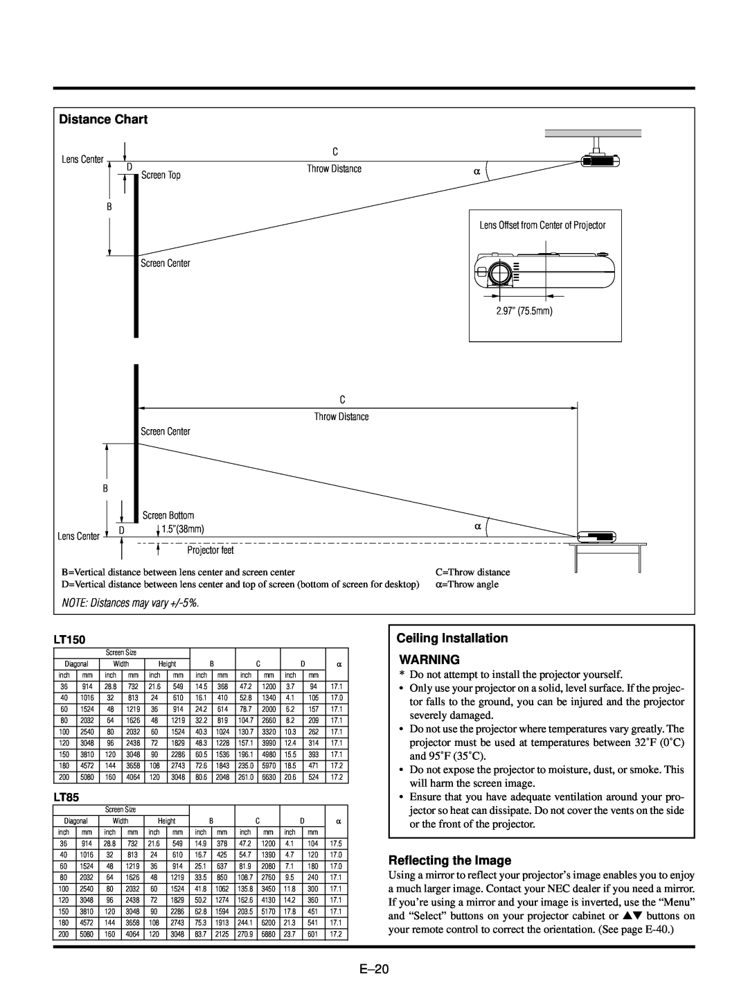 NEC LT150/LT85 user manual Distance Chart, Ceiling Installation, Reflecting the Image, E–20 
