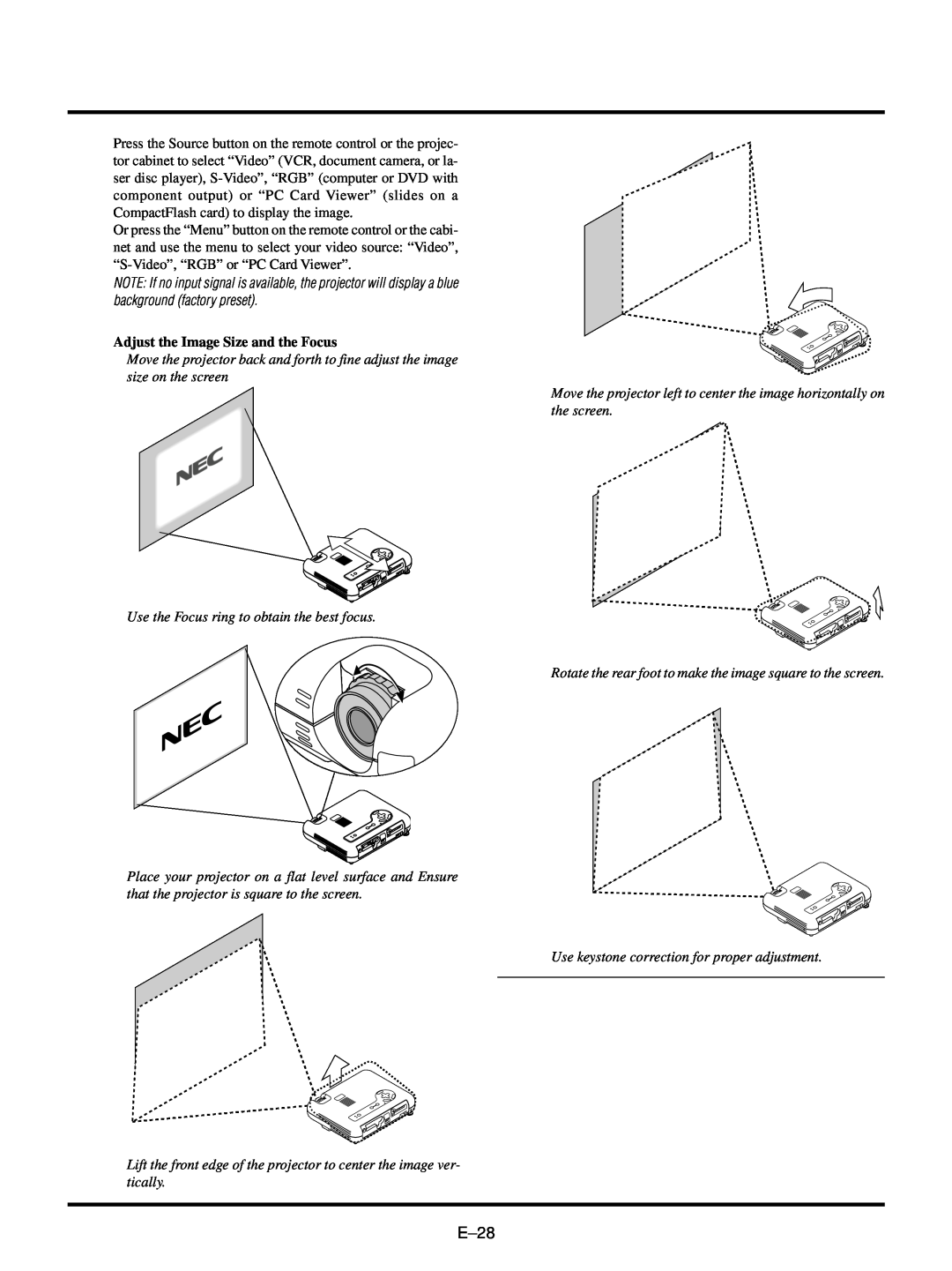 NEC LT150/LT85 user manual E–28, Adjust the Image Size and the Focus 