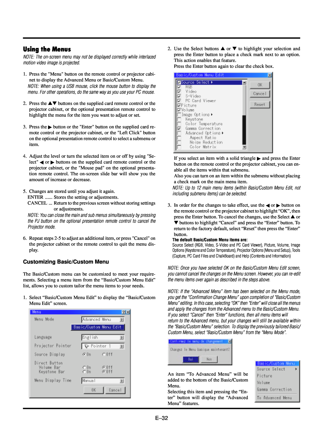 NEC LT150/LT85 user manual Using the Menus, Customizing Basic/Custom Menu 