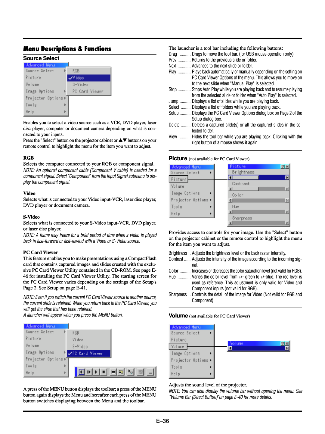 NEC LT150/LT85 user manual Menu Descriptions & Functions, Source Select, S-Video, PC Card Viewer 