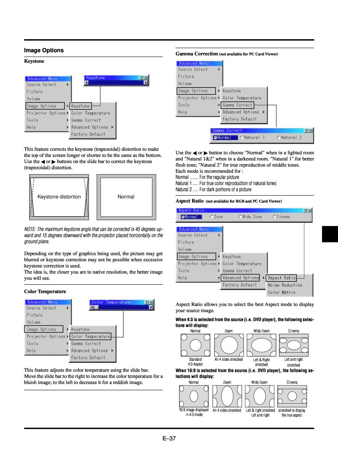 NEC LT150/LT85 user manual Image Options, E–37, Keystone, Color Temperature 