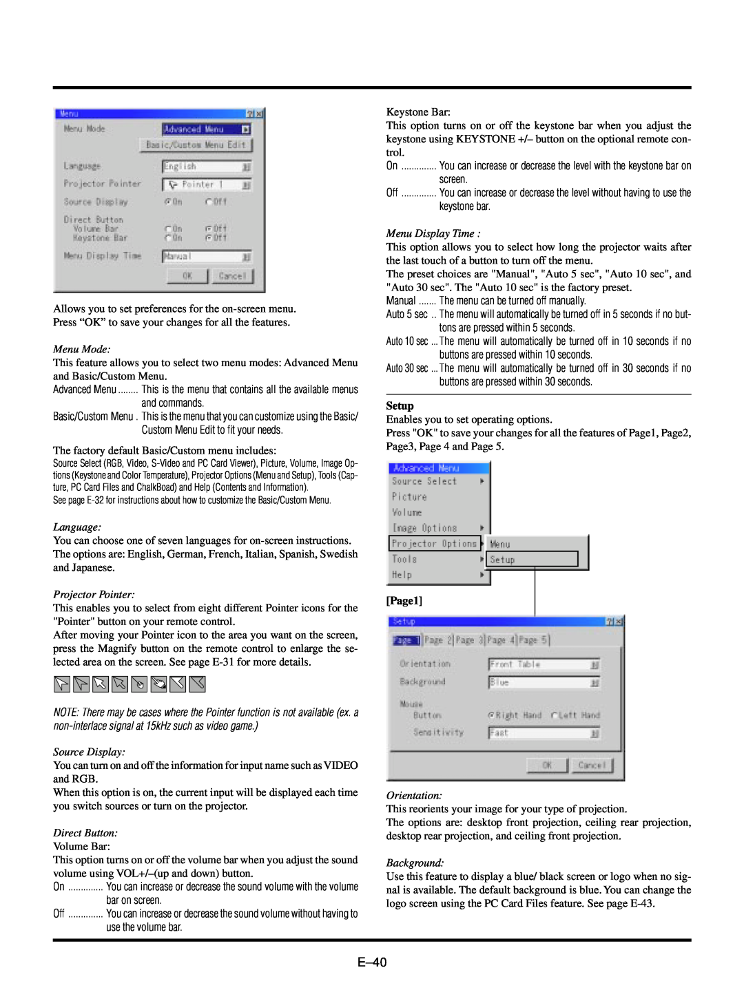 NEC LT150/LT85 user manual E–40, Setup, Page1 