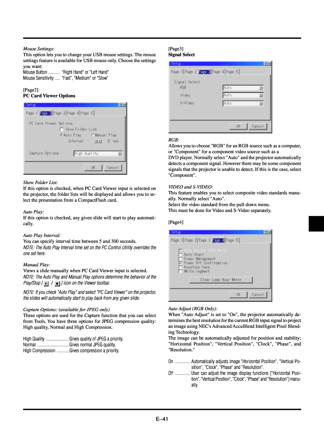 NEC LT150/LT85 user manual E–41, PC Card Viewer Options, Signal Select 