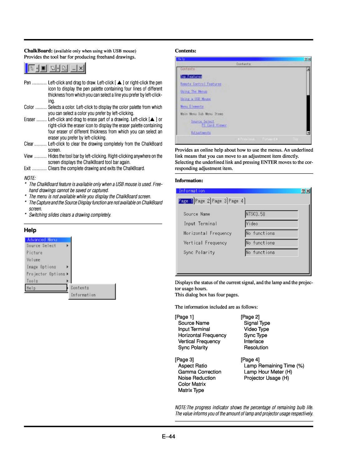 NEC LT150/LT85 user manual Help, E–44, Contents, Information 