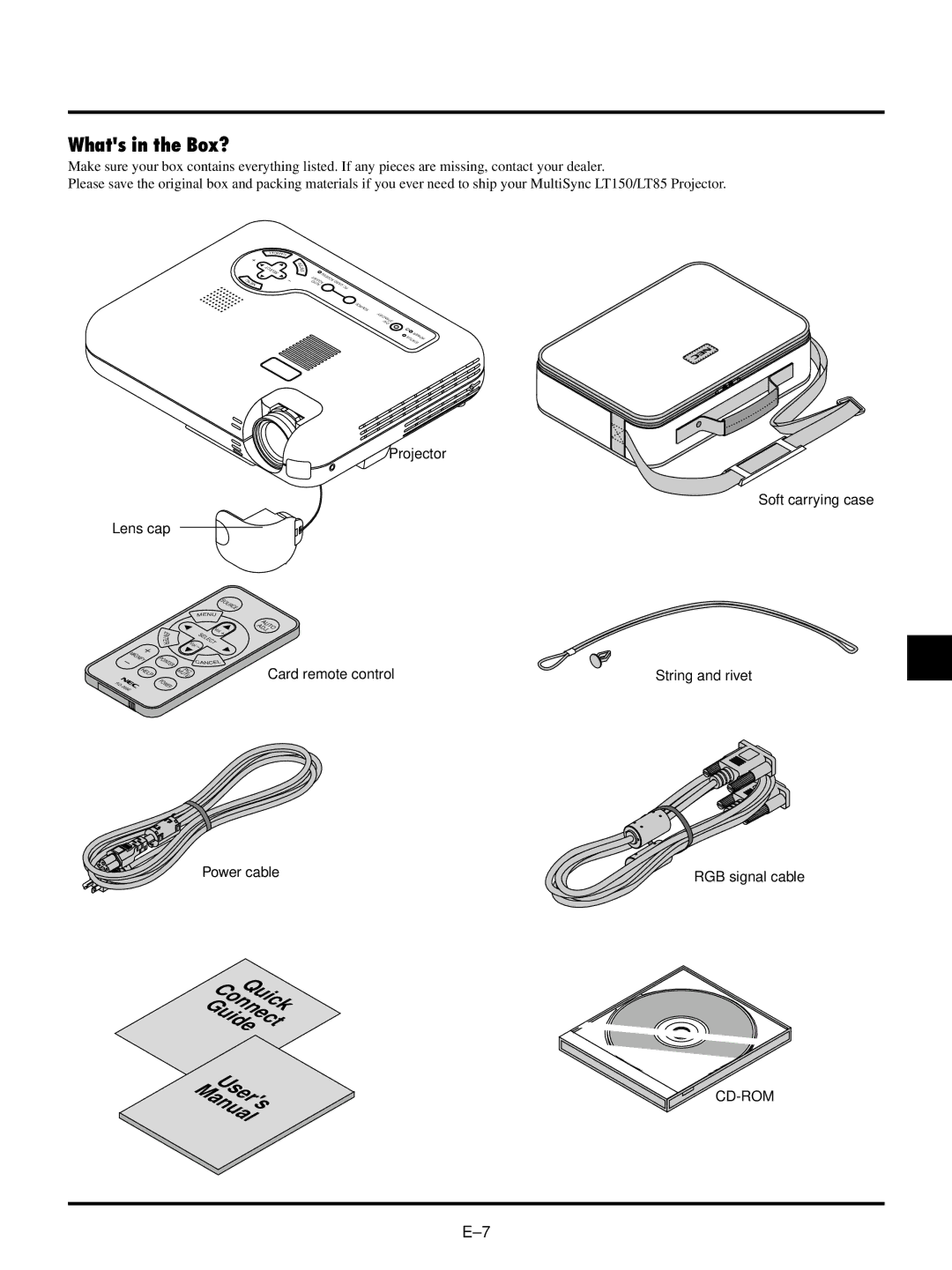 NEC LT150/LT85 Whats in the Box?, Projector Soft carrying case Lens cap, Card remote control String and rivet Power cable 