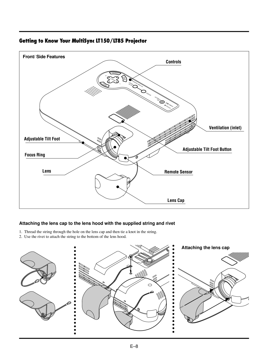 NEC Getting to Know Your MultiSync LT150/LT85 Projector, Front/ Side Features Controls, Attaching the lens cap 