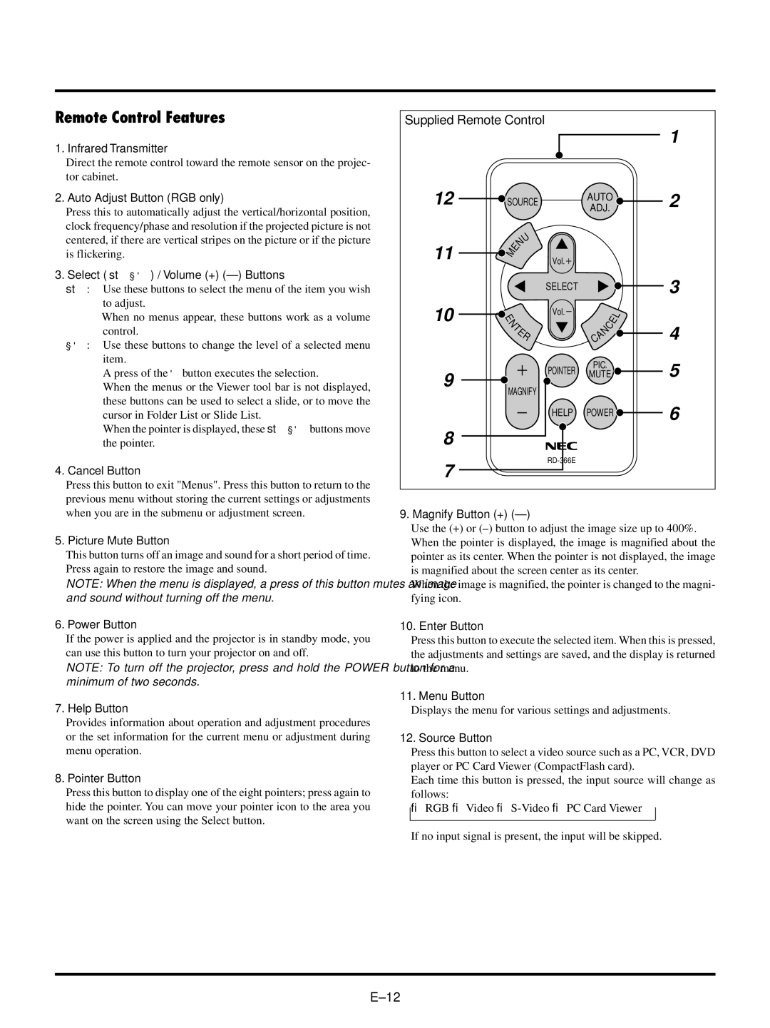 NEC LT150/LT85 user manual Remote Control Features, Supplied Remote Control 