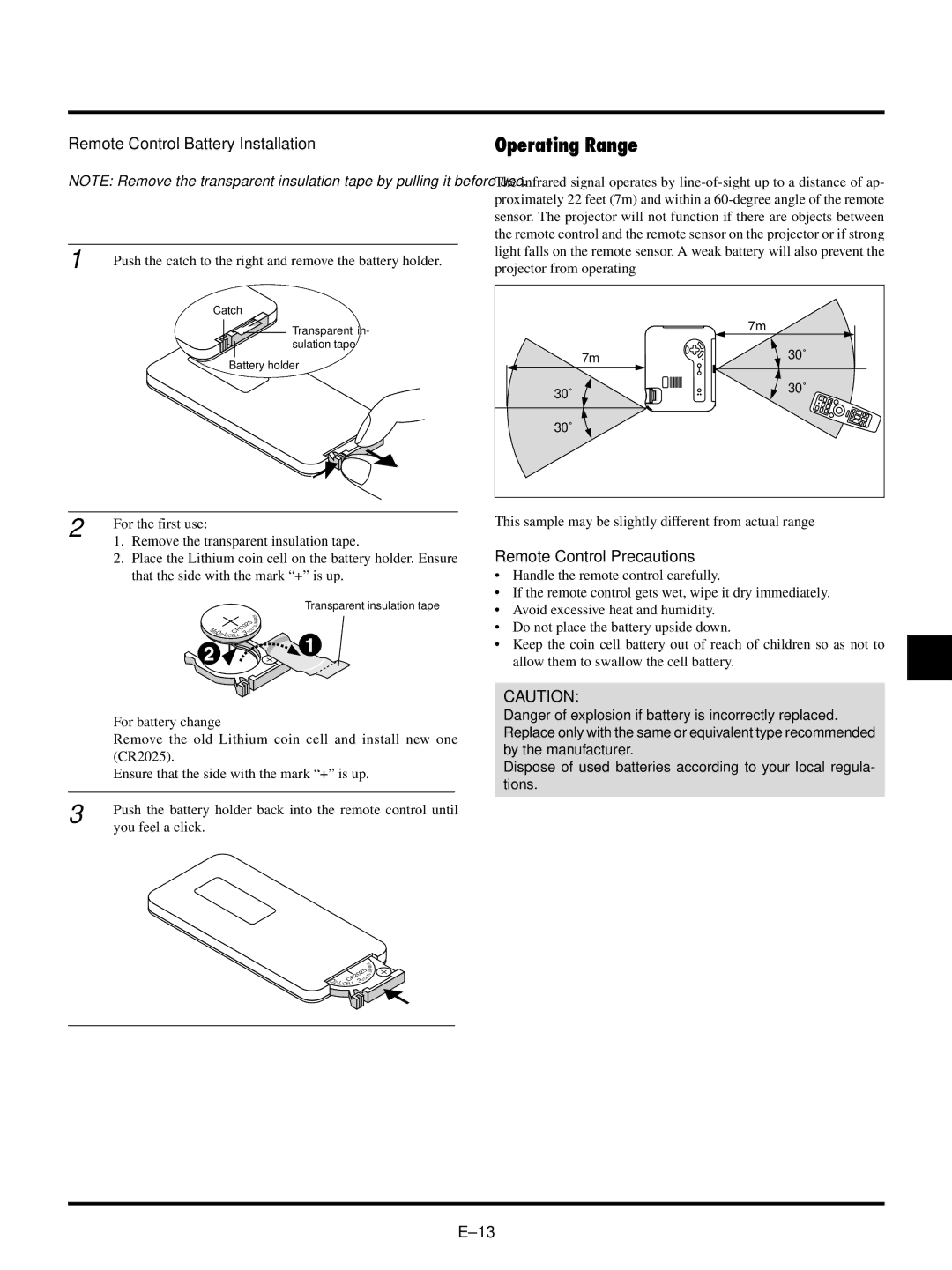 NEC LT150/LT85 user manual Operating Range, Remote Control Battery Installation, Remote Control Precautions 