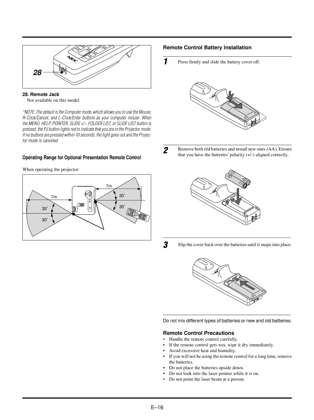 NEC LT150/LT85 user manual Remote Jack, Operating Range for Optional Presentation Remote Control 