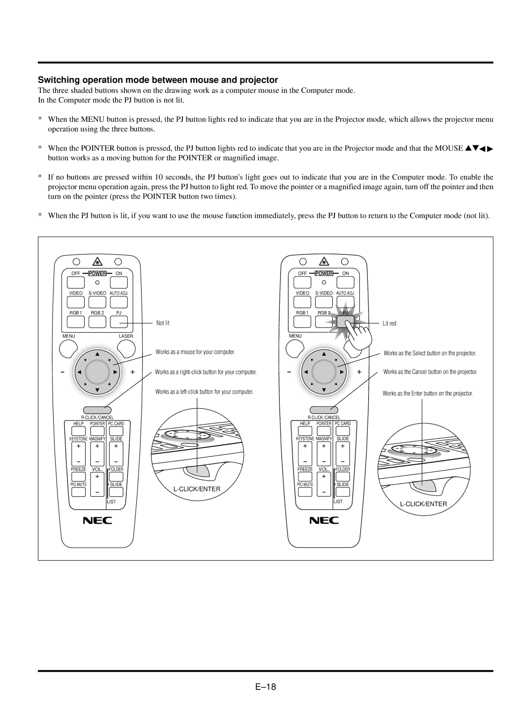 NEC LT150/LT85 user manual Switching operation mode between mouse and projector, Click/Enter 