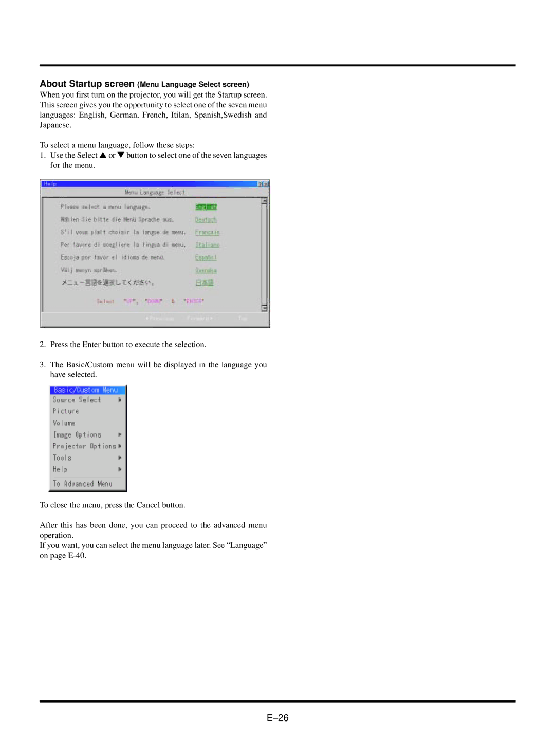 NEC LT150/LT85 user manual About Startup screen Menu Language Select screen 