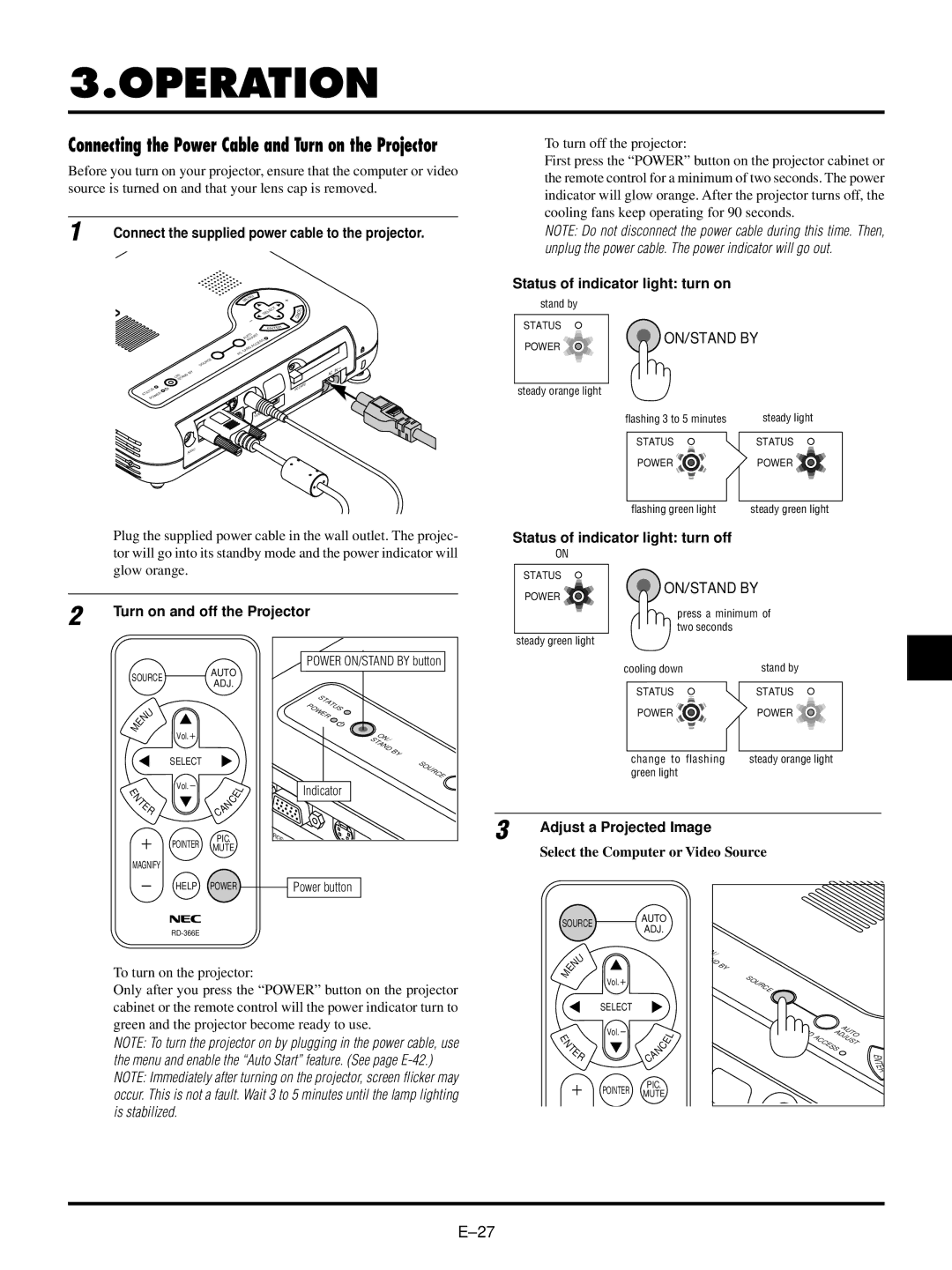 NEC LT150/LT85 Operation, Status of indicator light turn on, Status of indicator light turn off, Adjust a Projected Image 