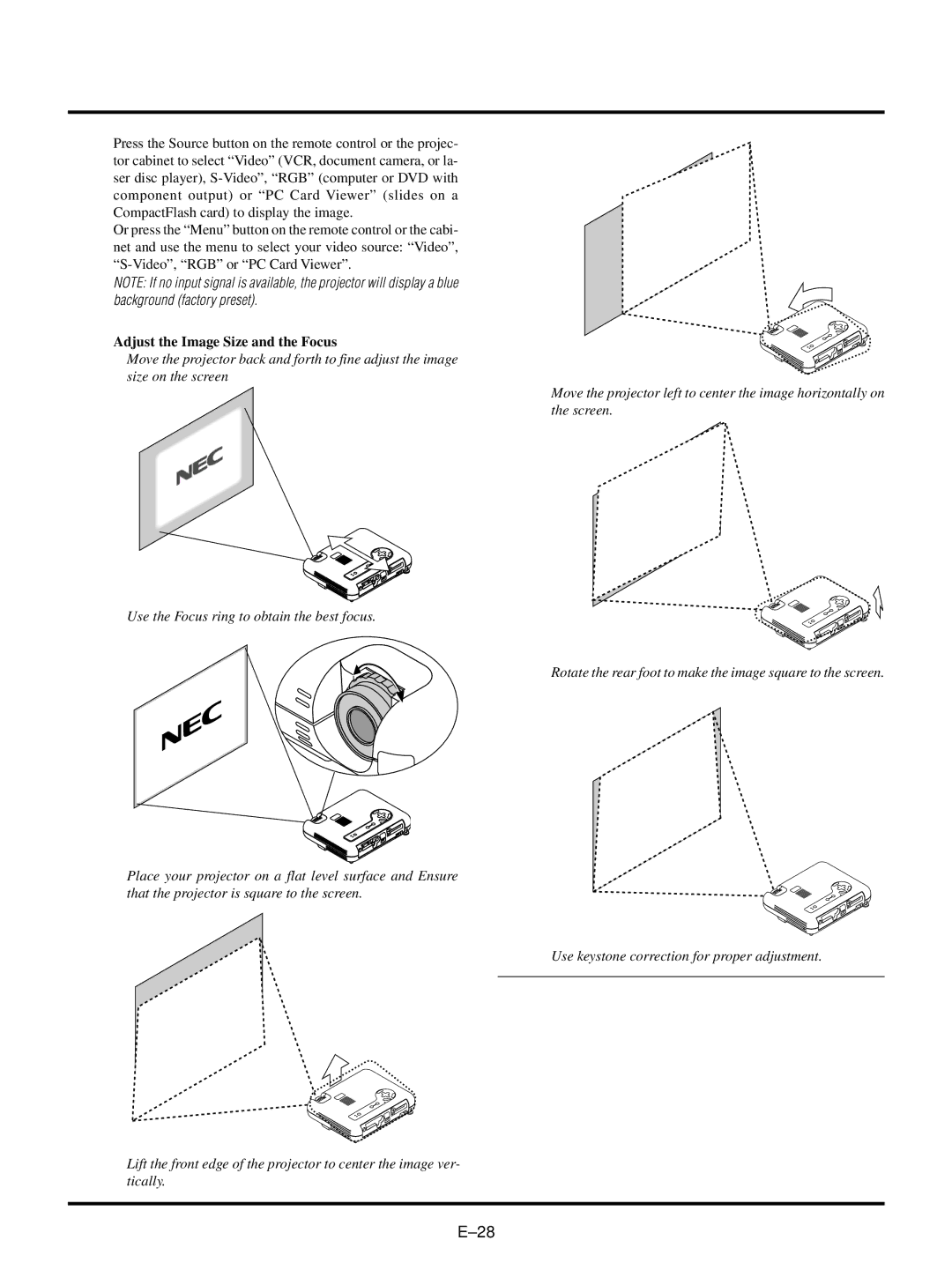 NEC LT150/LT85 user manual Adjust the Image Size and the Focus 