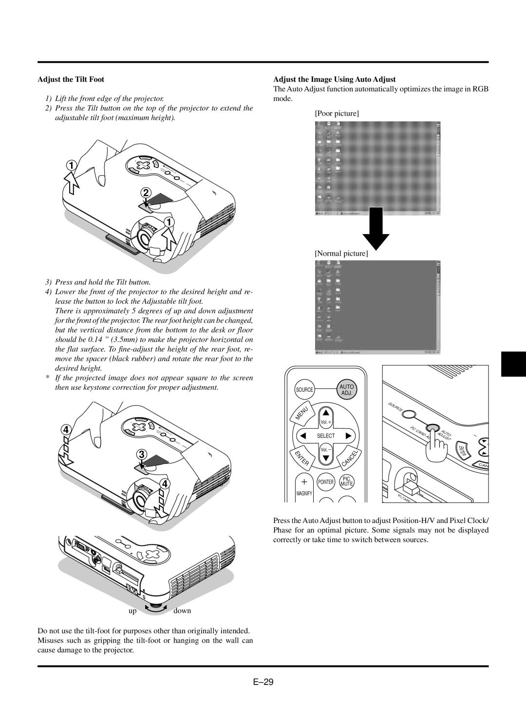 NEC LT150/LT85 user manual Adjust the Tilt Foot, Adjust the Image Using Auto Adjust 