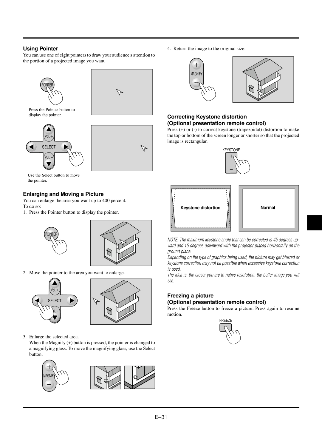 NEC LT150/LT85 Using Pointer, Enlarging and Moving a Picture, Freezing a picture Optional presentation remote control 