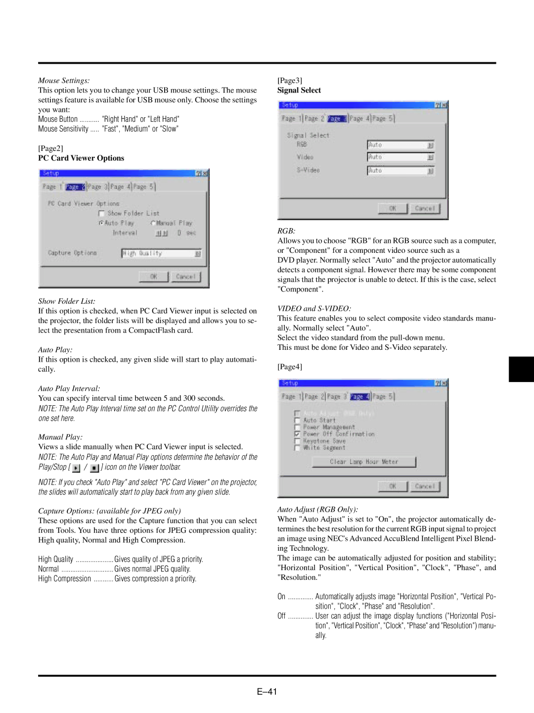 NEC LT150/LT85 user manual PC Card Viewer Options, Signal Select, Sition, Clock, Phase and Resolution, Ally 