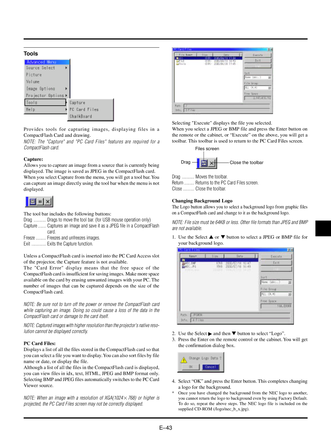 NEC LT150/LT85 user manual Tools, Capture, PC Card Files, Changing Background Logo 