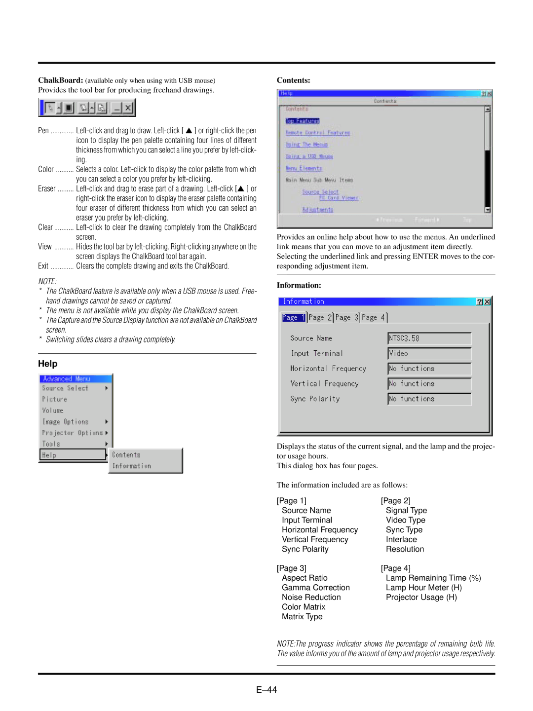 NEC LT150/LT85 user manual Help, Contents, Information 