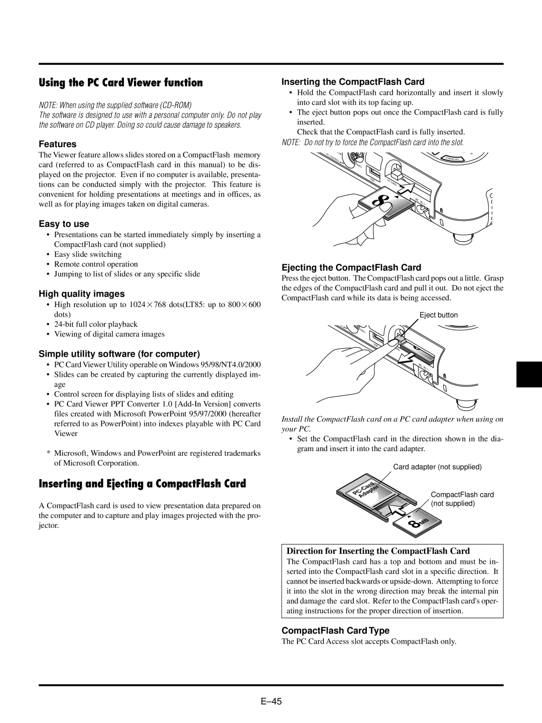 NEC LT150/LT85 user manual Using the PC Card Viewer function, Inserting and Ejecting a CompactFlash Card 