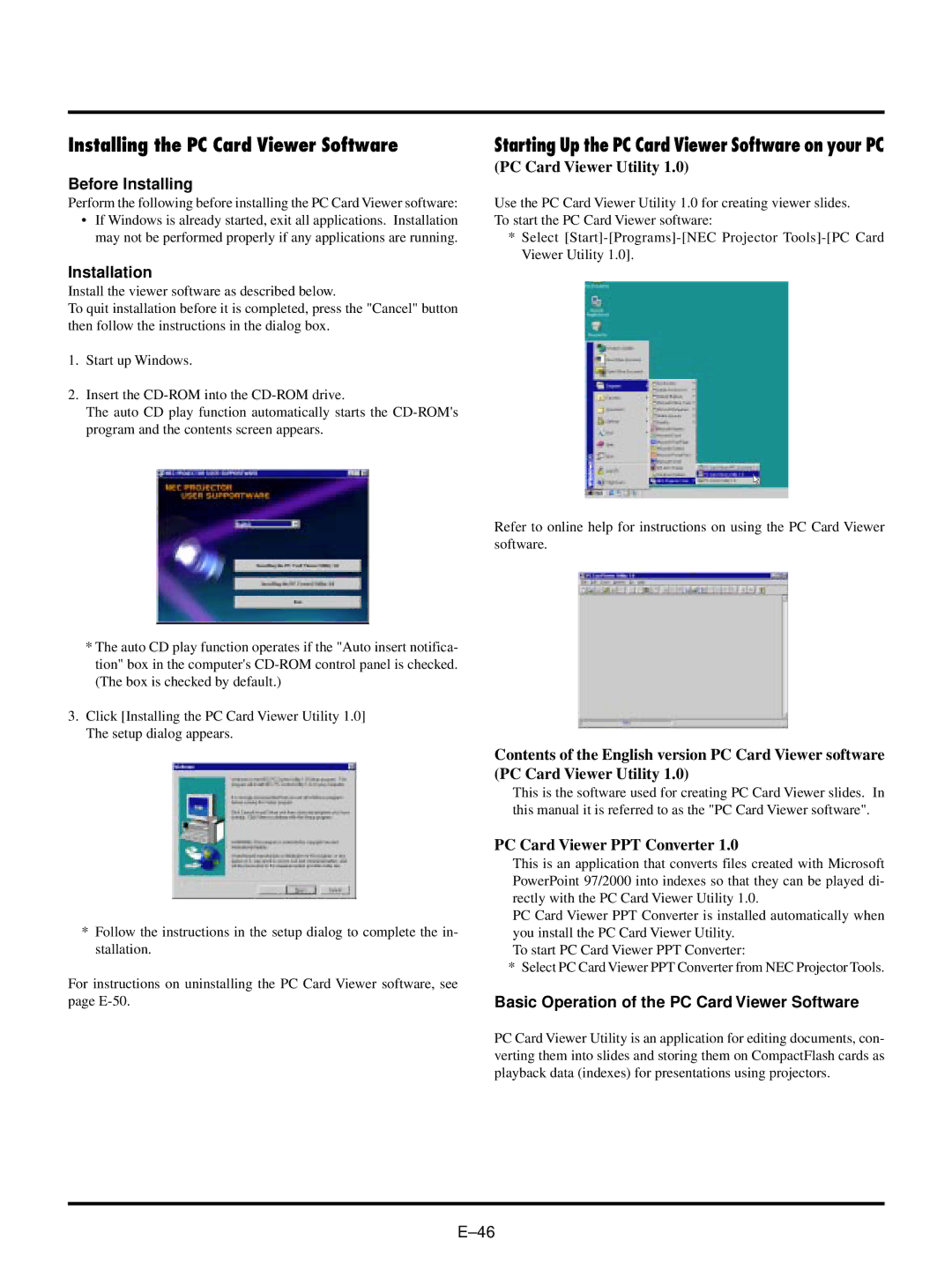 NEC LT150/LT85 user manual Installing the PC Card Viewer Software, Before Installing, Installation 