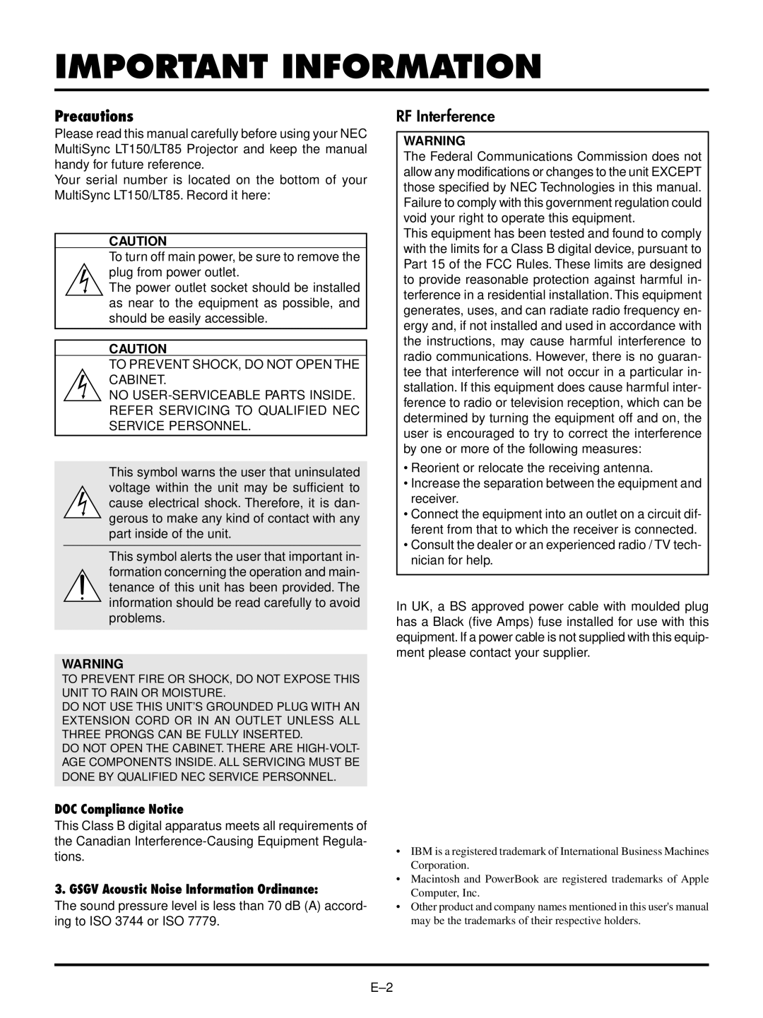 NEC LT150/LT85 user manual Important Information, Precautions 