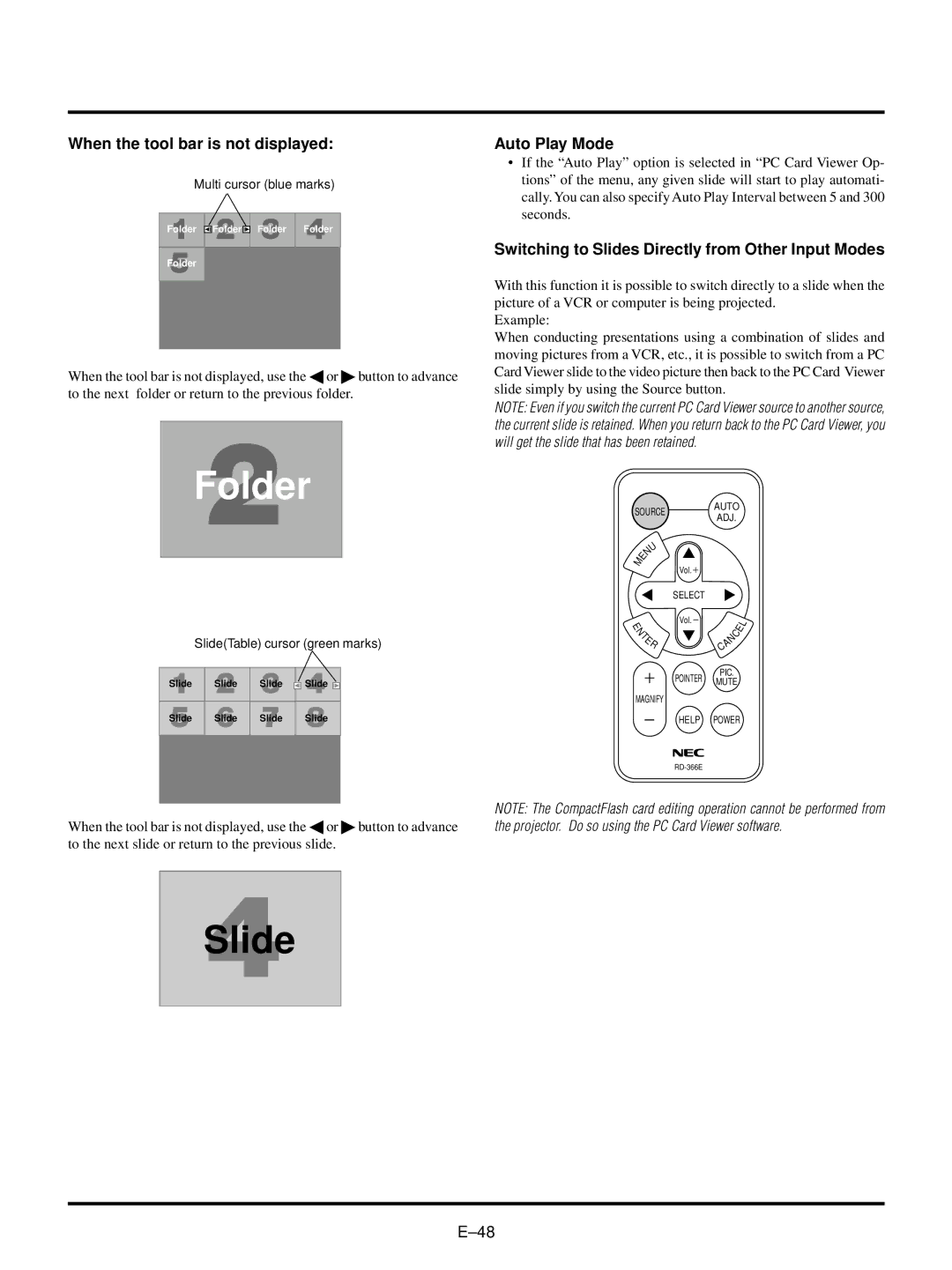 NEC LT150/LT85 When the tool bar is not displayed, Auto Play Mode, Switching to Slides Directly from Other Input Modes 