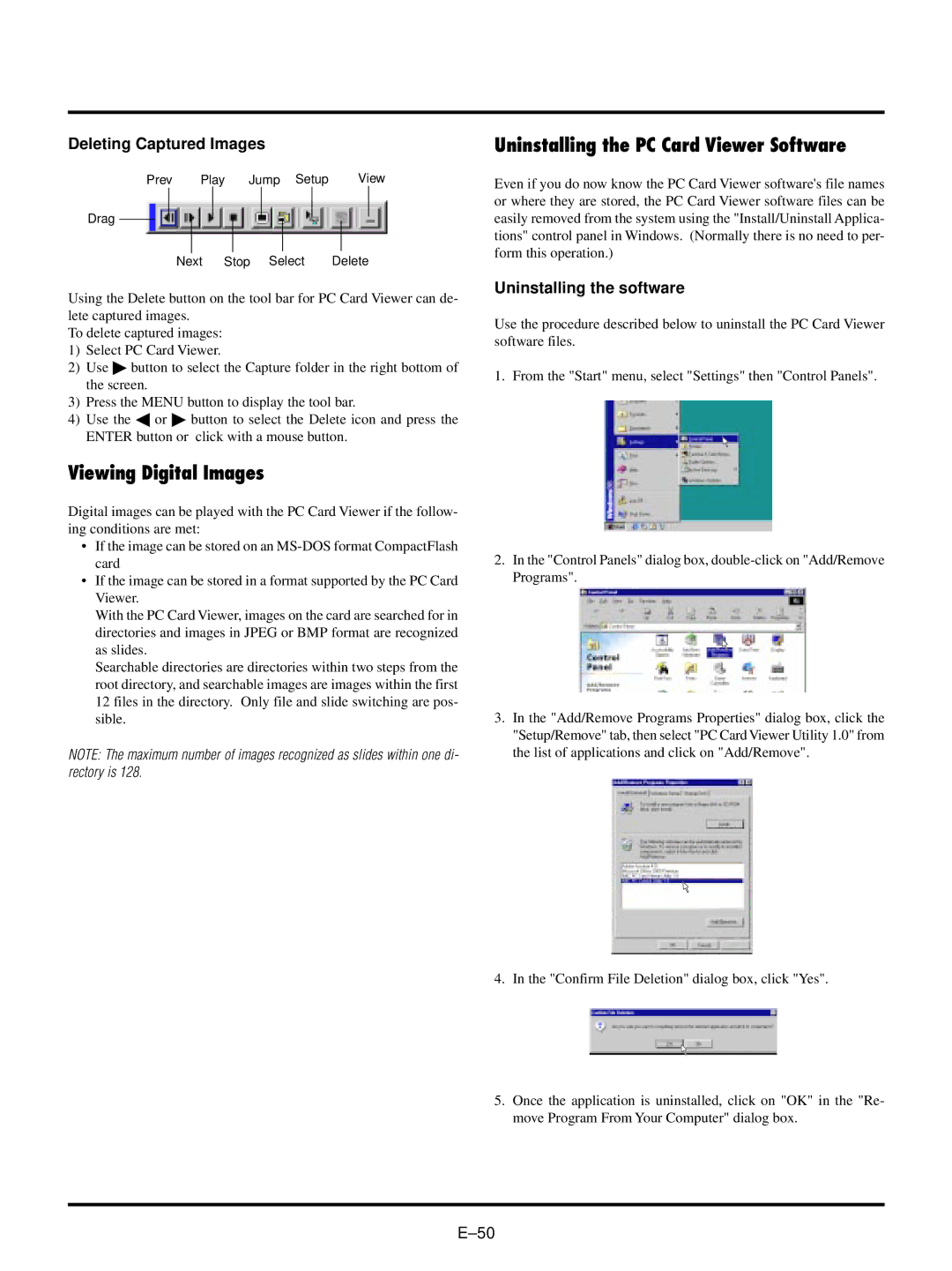 NEC LT150/LT85 user manual Viewing Digital Images, Uninstalling the PC Card Viewer Software, Deleting Captured Images 