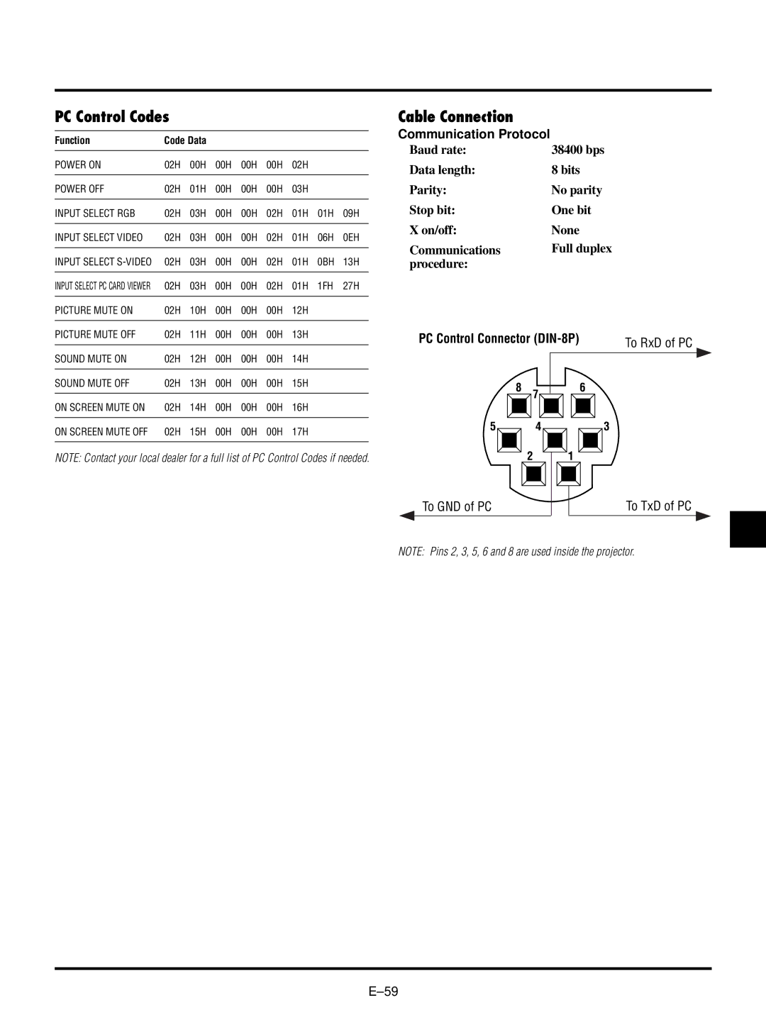 NEC LT150/LT85 user manual PC Control Codes, Cable Connection, Communication Protocol, PC Control Connector DIN-8P 