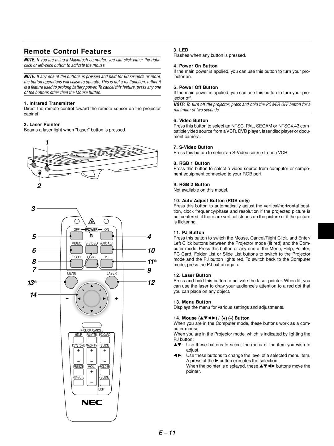 NEC LT155, LT154 user manual Remote Control Features 