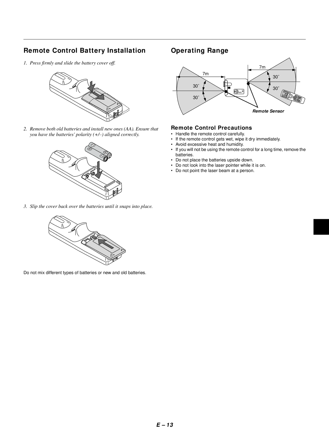 NEC LT155, LT154 user manual Remote Control Battery Installation, Operating Range, Remote Control Precautions, 30˚ 