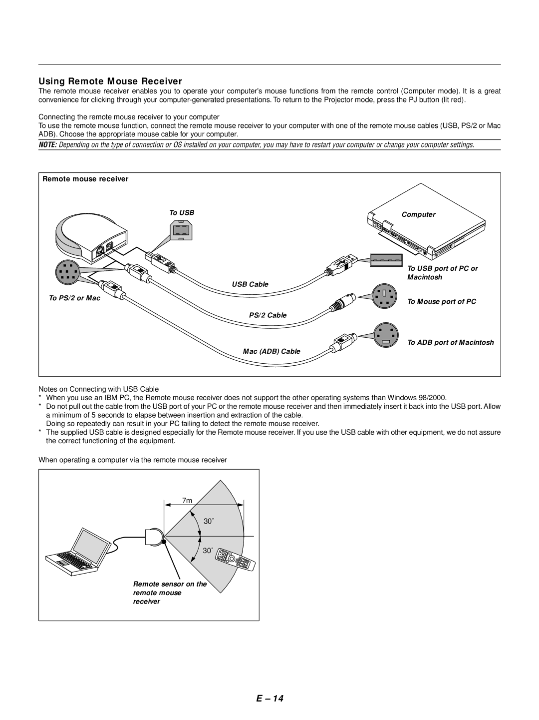 NEC LT154, LT155 user manual Using Remote Mouse Receiver, Remote mouse receiver, Remote sensor on 