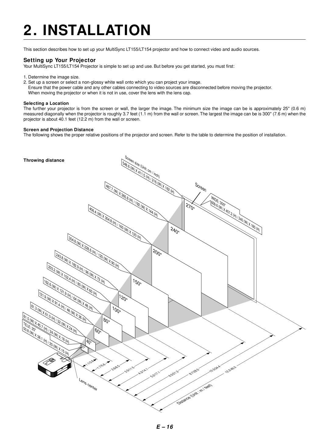 NEC LT154, LT155 user manual Installation, Setting up Your Projector, Selecting a Location, Screen and Projection Distance 