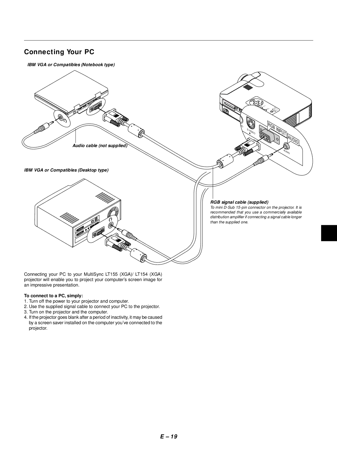 NEC LT155, LT154 user manual Connecting Your PC, To connect to a PC, simply 