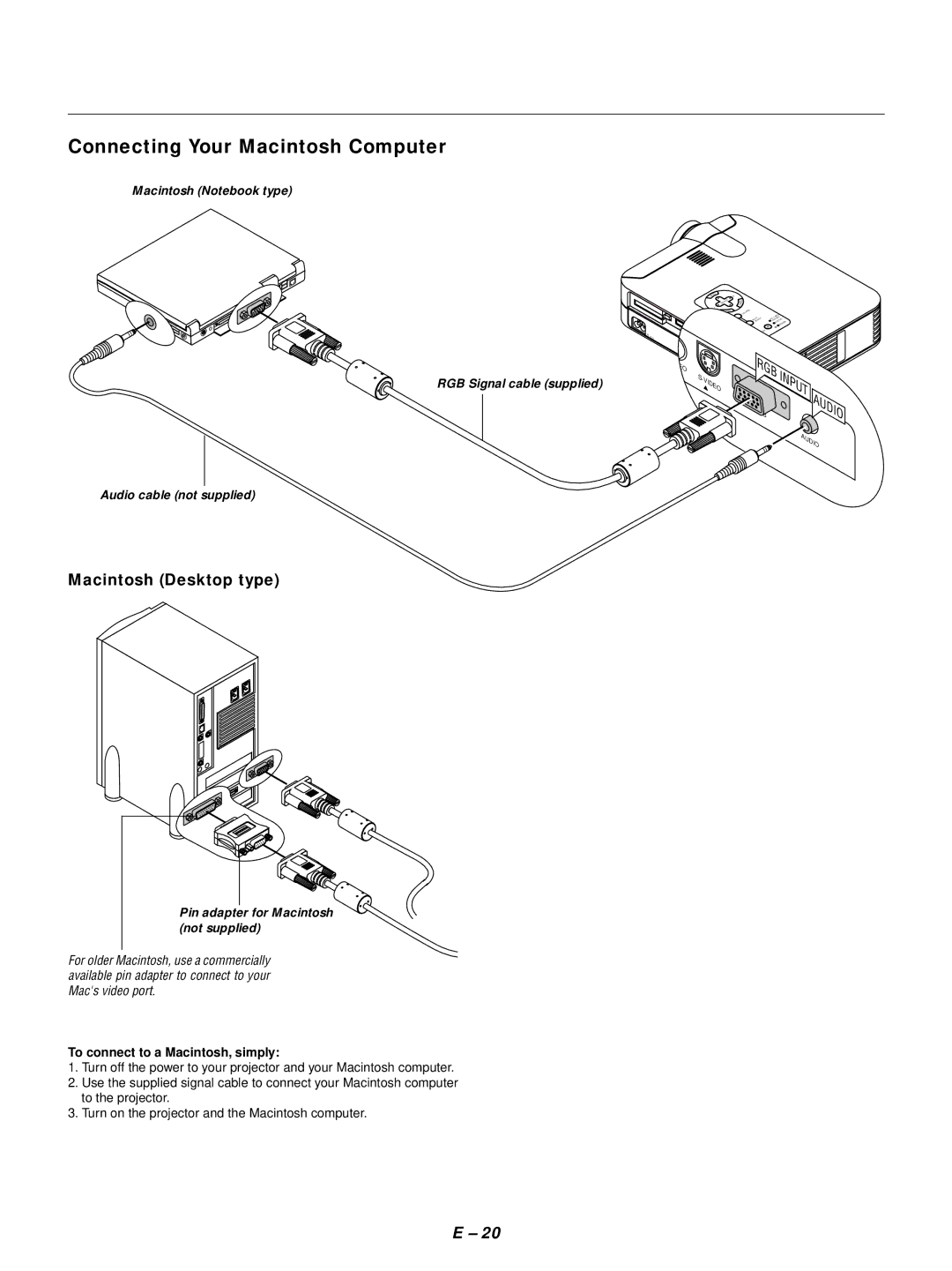 NEC LT154, LT155 user manual Connecting Your Macintosh Computer, Macintosh Desktop type, To connect to a Macintosh, simply 