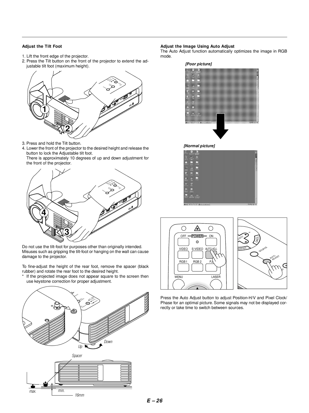 NEC LT154, LT155 user manual Adjust the Tilt Foot, Adjust the Image Using Auto Adjust, Poor picture Normal picture 