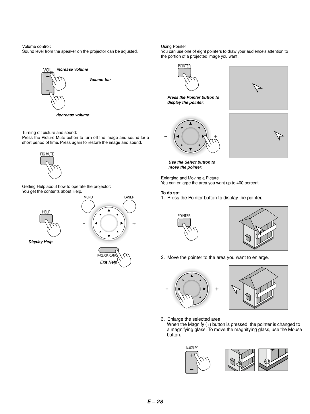 NEC LT154 Volume control, Turning off picture and sound, Getting Help about how to operate the projector, Using Pointer 