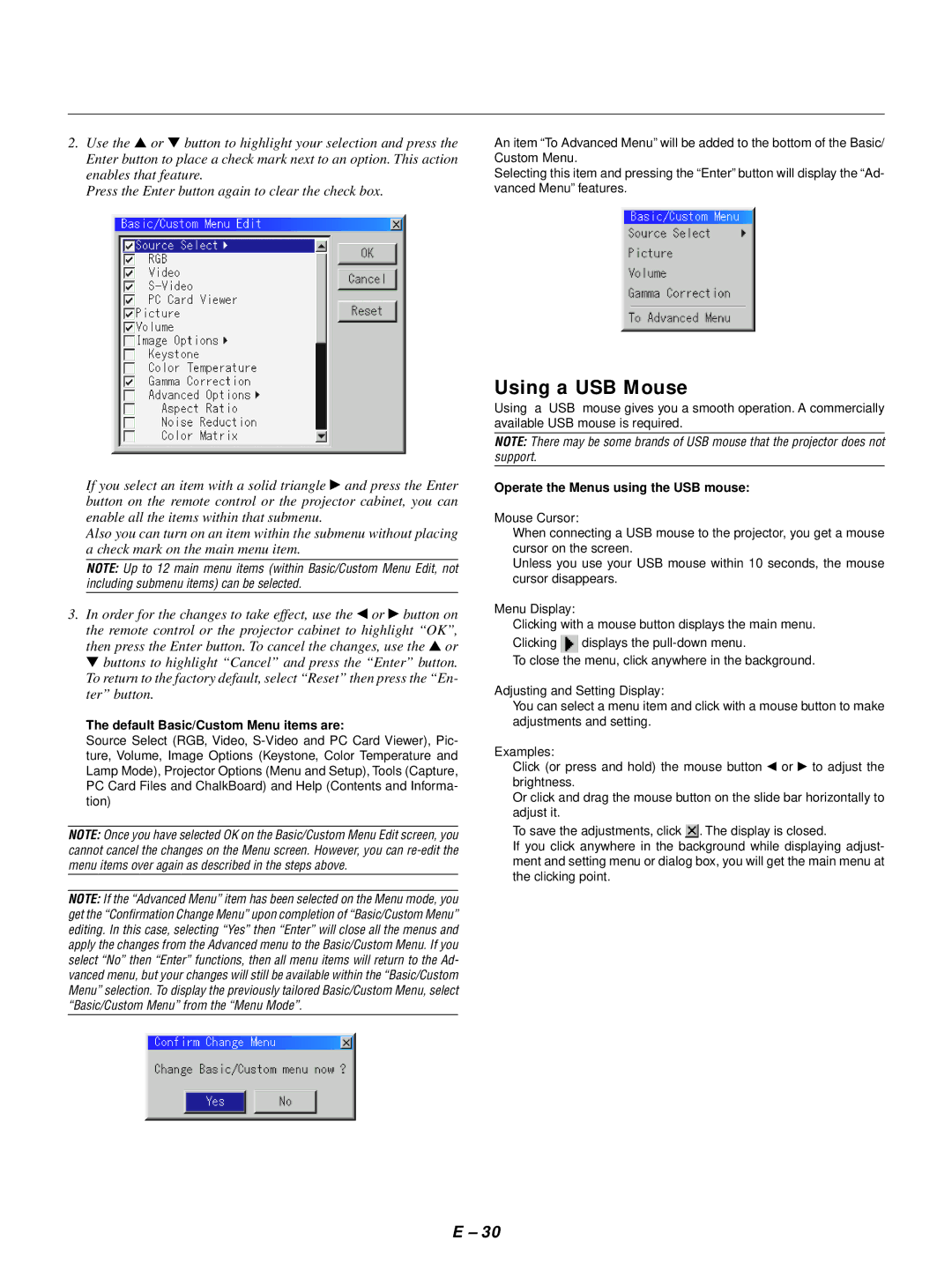 NEC LT154, LT155 user manual Using a USB Mouse, Default Basic/Custom Menu items are, Operate the Menus using the USB mouse 