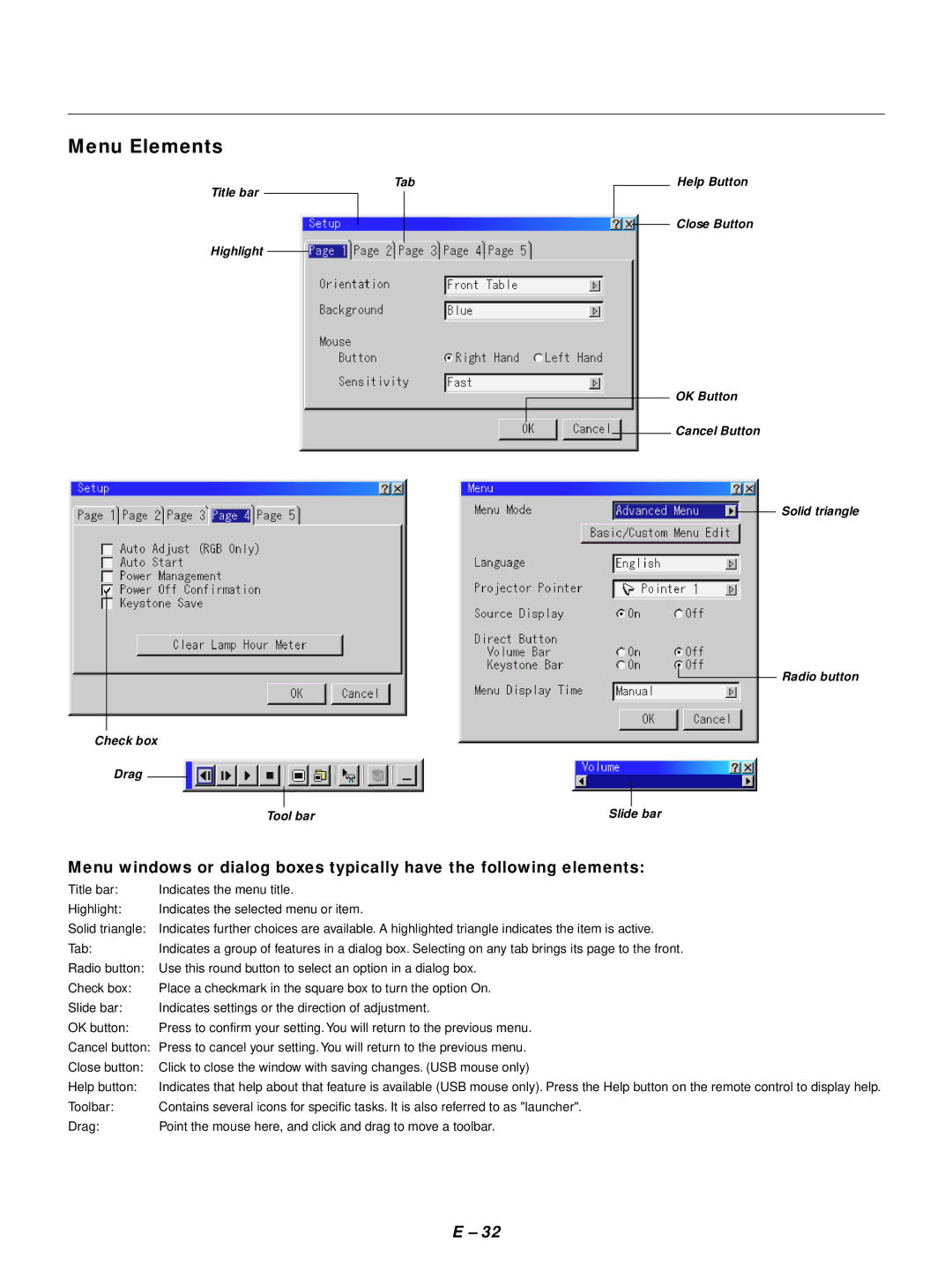 NEC LT154, LT155 user manual Menu Elements 